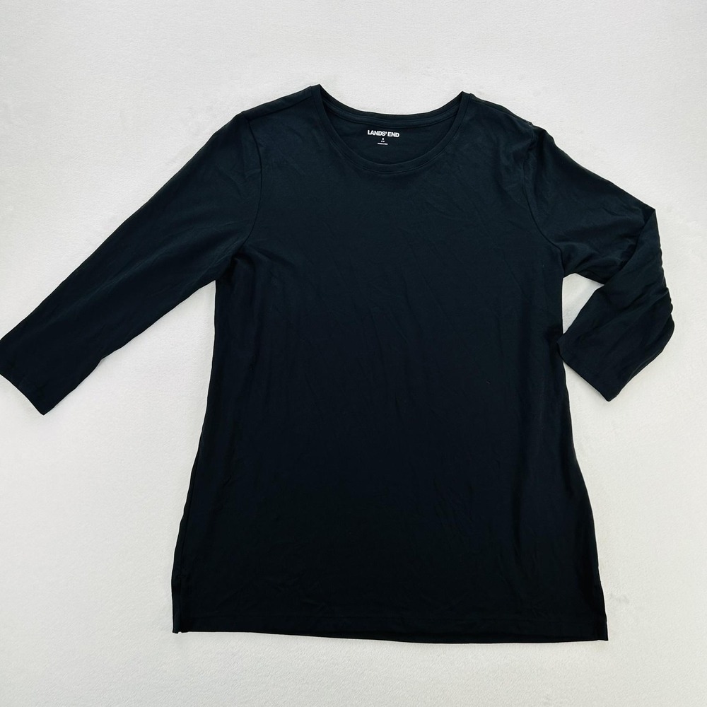 Lands' End Shirt Womens Small 6-8 Black Blue 3/4 Sleeve Cotton Tagless Tee Top